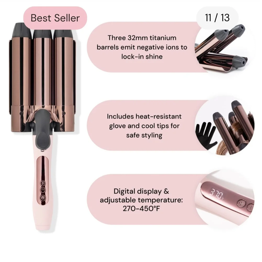 L'ange Le Tridente 3-Barrel Curling Iron in Rose Gold and Pink - Picture 2 of 4